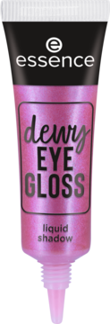 Essence Dewy Eye Gloss, różowy płynny cień w tubce. Daje holograficzny blask, widok z przodu.