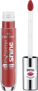 Czerwony Essence Extreme Shine Volume lipgloss Shadow Rose, srebrna zakrętka i aplikator obok.