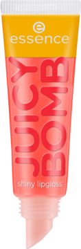 Błyszczyk Essence Juicy Bomb shiny lipgloss w różowej tubce, pomarańczowy top, czerwone napisy. Ujęcie z przodu.