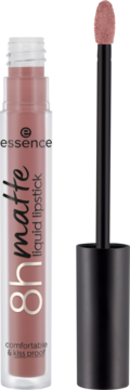 Matowa pomadka Essence 8h Matte Silky Hazelnut, jasnobrązowo-różowa, z wyciągniętym aplikatorem.