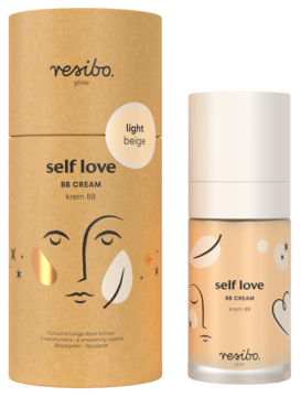 Wegański krem BB Resibo Self Love Light Beige w beżowej butelce i kartonowym pudełku, widok z przodu.