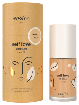 Resibo Self Love BB Cream Sunny Beige, lekki krem BB w beżowym kartoniku i butelce z pompką.