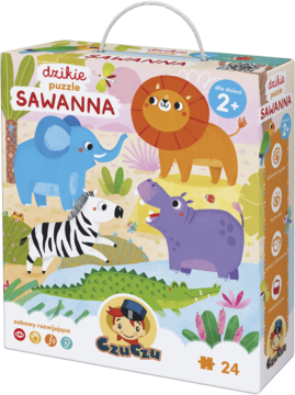 Dzikie puzzle CzuCzu Sawanna w kartonowym pudełku z rączką, ilustracje słonia, lwa, zebry, 24 elementy.