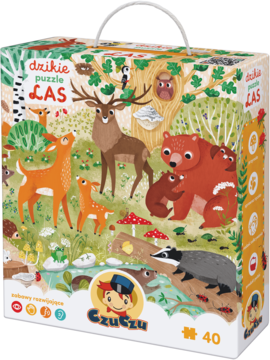 Pudełko puzzli edukacyjnych CzuCzu Dzikie Puzzle Las 40 elementów, z kolorowym obrazem leśnych zwierząt, widok z przodu.