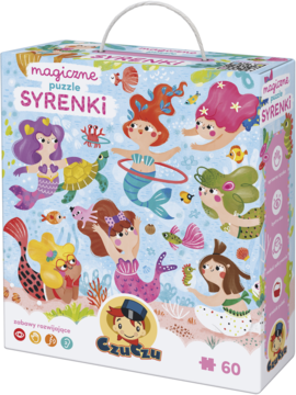 Magiczne puzzle CzuCzu Syrenki, pudełko z wizerunkiem morskich stworzeń, 60 elementów, widok z przodu.