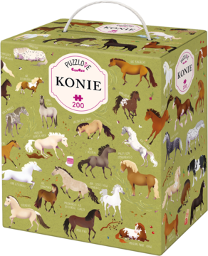 Zielone pudełko puzzli Puzzlove Konie 200 el. Czuczu, z uchwytem i grafiką koni, widok z góry.