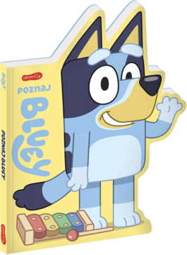 Książeczka Poznaj Bluey! w kształcie psa, z niebieską postacią Bluey machającą, na żółtym tle z tekstem i ksylofonem.