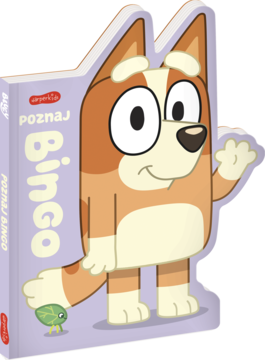 Kartonowa książeczka Poznaj Bingo z Bluey, w kształcie uśmiechniętego psa Bingo, fioletowe brzegi, widok z przodu.