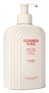 Resibo Summer Soul żel pod prysznic o zapachu cukrowej trzciny, wiśni i limonki, w kremowej butelce z pompką, widok pod kątem.