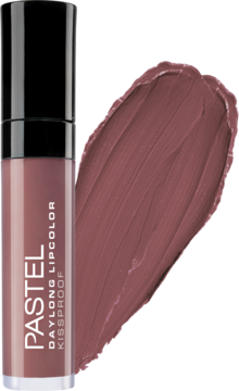 Matowa pomadka w płynie Pastel Daylong Lipcolor Kissproof #30 Smoked Ruby: pionowa tubka, obok duża próbka.