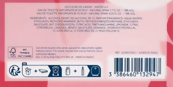 Tył różowego opakowania Lanvin Water Lily Eau de Toilette z listą składników, kodem kreskowym i ikonami recyklingu.