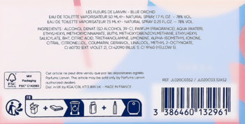 Tył opakowania zestawu Lanvin Blue Orchid (50ml i 7,5ml EDT) na pastelowym tle, z listą składników.