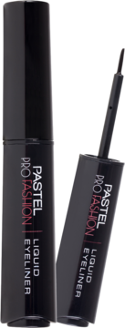 Czarny eyeliner Pastel Profashion w płynie z aplikatorem, widok butelki zamkniętej i otwartej.