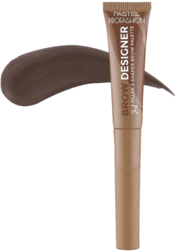 Pastel Profashion Brow Designer, wodoodporny żel do brwi 2w1 w brązowej tubce, z ciemnobrązową smużką żelu.