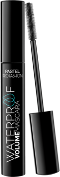 Czarna wodoodporna maskara Pastel Profashion Volume z otwartą tubą i silikonową szczoteczką obok.