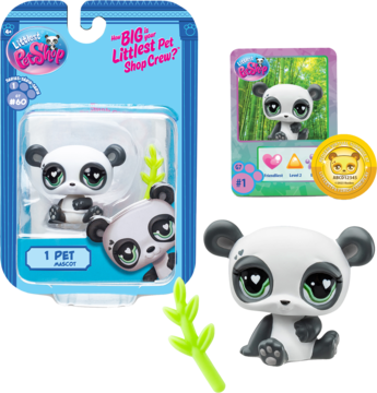 Littlest Pet Shop: figurka biało-czarnej pandy, zielony bambus, karta kolekcjonerska i opakowanie.