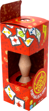 Czerwone pudełko gry zręcznościowej Jungle Speed z wycięciem, przez które widać drewniany totem, widok z przodu.