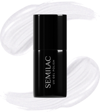 Czarny lakier hybrydowy Semilac UV Gel Polish, widok z przodu, na tle białych pociągnięć pędzla.