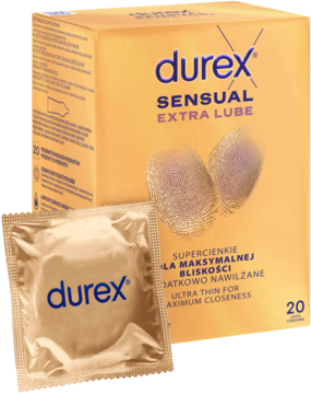 Złote pudełko prezerwatyw Durex Sensual Extra Lube 20 sztuk i pojedyncza ultra-cienka prezerwatywa.