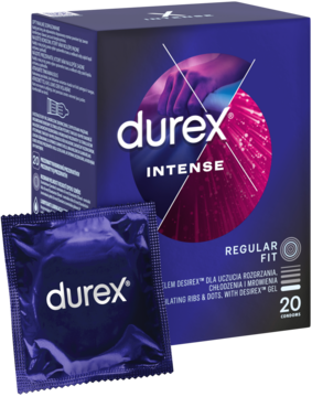 Fioletowe pudełko Durex Intense, 20 szt., prezerwatywy prążkowane z wypustkami i żelem, widoczne obok folii.