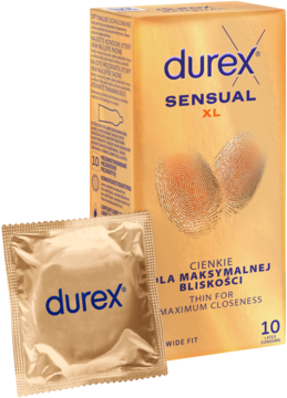 Złote opakowanie Durex Sensual XL, najcieńsze prezerwatywy, z leżącą obok złotą folią jednej prezerwatywy.