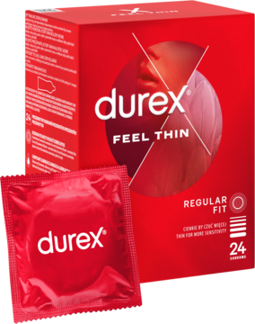 Czerwone opakowanie prezerwatyw Durex Feel Thin (24 szt.) i pojedyncza, czerwona prezerwatywa.