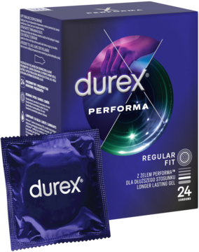 Durex Performa: fioletowe pudełko prezerwatyw i folia. Lubrykant z benzokainą dla dłuższego stosunku.