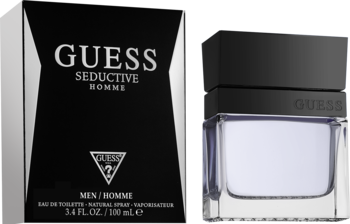 Męska woda toaletowa Guess Seductive Homme: czarne pudełko i szklana butelka z fioletowym płynem i czarną nakrętką.