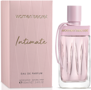 Różowy flakon perfum Women'secret Intimate EDP z wstążką, obok teksturowane pudełko, widok z przodu.