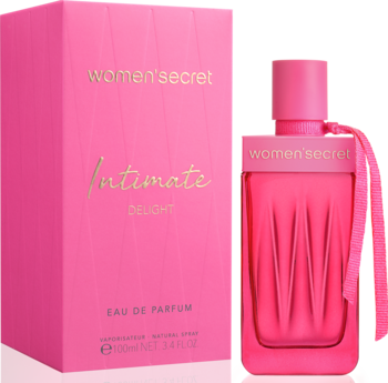 Women's Secret Intimate Delight, intensywnie różowy flakon EDP z wstążką i pasujące pudełko, widok z przodu.