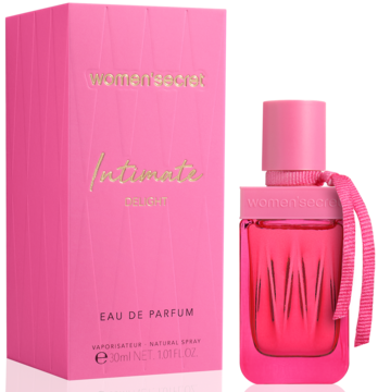 Women'Secret Intimate Delight Eau de Parfum: różowe pudełko i flakon z różową wstążką, widok z przodu.
