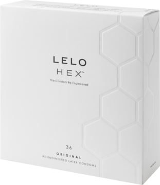 Opakowanie 36 sztuk prezerwatyw LELO HEX, białe pudełko z heksagonalnym wzorem, napis LELO HEX, widok z przodu pod kątem.