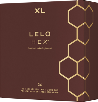 Pudełko lateksowych prezerwatyw Lelo Hex XL 36 sztuk, ciemnobrązowe ze złotymi heksagonami, widok z przodu.