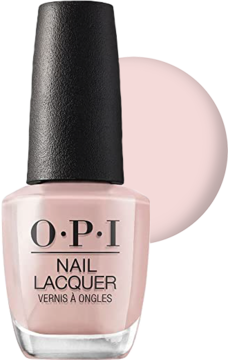 Lakier OPI Nail Lacquer NLSH4 Bare My Soul, cielisty róż w butelce ze swatch'em, widok z przodu.