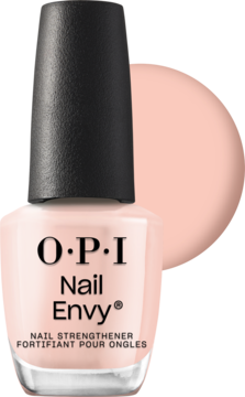 OPI Nail Envy, jasnoróżowa odżywka wzmacniająca do paznokci w butelce z czarną nakrętką i okrągłym wzornikiem koloru.