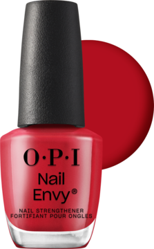 OPI Nail Envy w butelce z czarną nakrętką, kolor NT225 Big Apple Red, obok próbka czerwonego koloru.