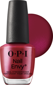 OPI Nail Envy NT226 Tough Luv: butelka bordowej wzmacniającej odŴywki do paznokci z połyskiem, obok wzornik koloru.