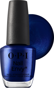 Granatowa odżywka OPI Nail Envy NT227 All Night Strong, wzmacniająca paznokcie, z metalicznym swatche. Widok przód.