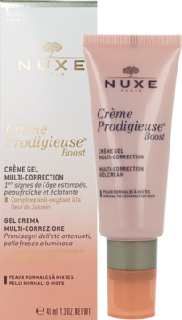 Różowy krem-żel Nuxe Crème Prodigieuse Boost 40ml na tle jego białego pudełka, do skóry normalnej i mieszanej.