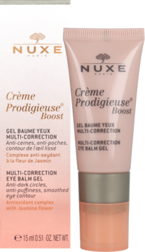 Nuxe Crème Prodigieuse Boost Eye Balm Gel, różowa tubka z pudełkiem, widok z przodu na oba opakowania produktu.
