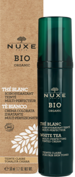 Nuxe Bio Organic White Tea multi-perfecting tinted cream for fair skin, dark green bottle, with box.