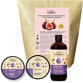 Green Pharmacy zestaw kosmetyków Figa i Argan: żel, peeling i masło do ciała, ułożone przed torbą.