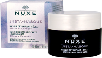 Nuxe Insta-Masque: czarna żelowa maska detoksykująco-rozświetlająca, słoik i fioletowe pudełko, widok z przodu.