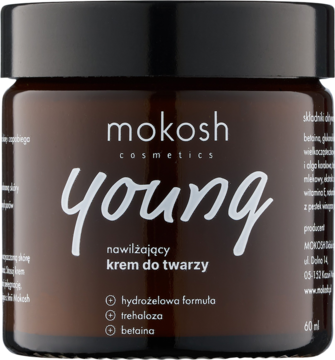 Mokosh Young nawilżający krem do twarzy z trehalozą, w brązowym słoiku z czarną nakrętką, widok z przodu.