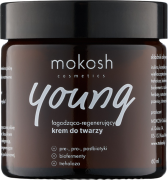 Mokosh Young łagodząco-regenerujący krem do twarzy w ciemnobrązowym słoiczku z białymi napisami, widok z przodu.