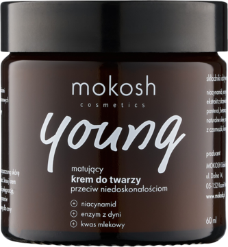Brązowy słoik matującego kremu do twarzy Mokosh Young z niacynamidem, widok z przodu.