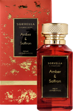 Perfumy Sorvella Signature Amber & Saffron: elegancka, bursztynowa butelka ze złotym korkiem, obok czerwone pudełko.