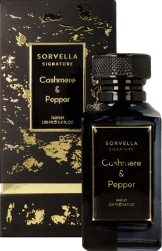 Sorvella Signature Cashmere & Pepper 100ml, ciemna butelka perfum ze złotymi detalami, obok czarno-złote pudełko.