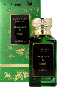 Perfumy Sorvella Bergamot & Musk, zielona butelka ze złotą nakrętką i pasujące pudełko obok.