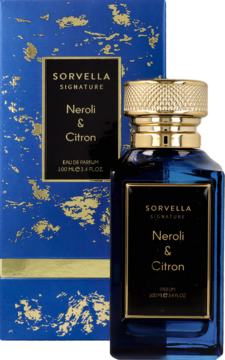 Niebieskie perfumy Sorvella Signature Neroli & Citron w butelce ze złotą nakrętką i pasujące pudełko z tyłu, widok z przodu.
